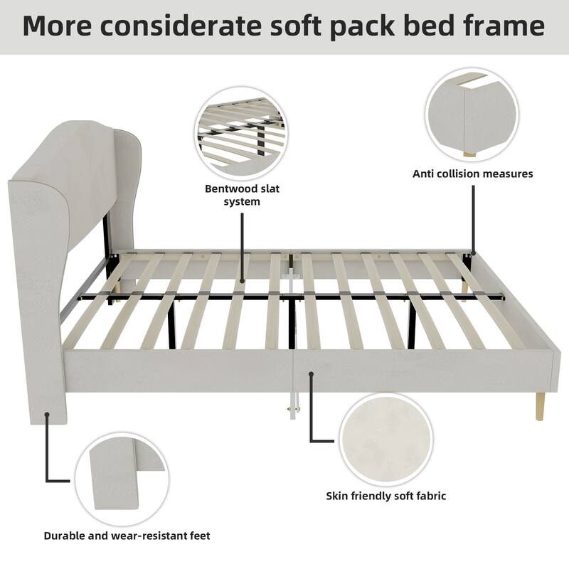 Queen Beige Upholstered Platform Bed Frame with Headboard for Bedroom
