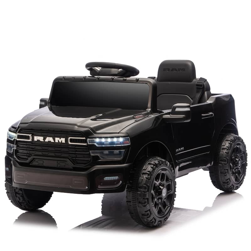 Licensed Dodge RAM 3500 12V Kids Ride On Truck, W/ Remote Control, 2WD & Rear Shock Suspension, LED Headlights - Black