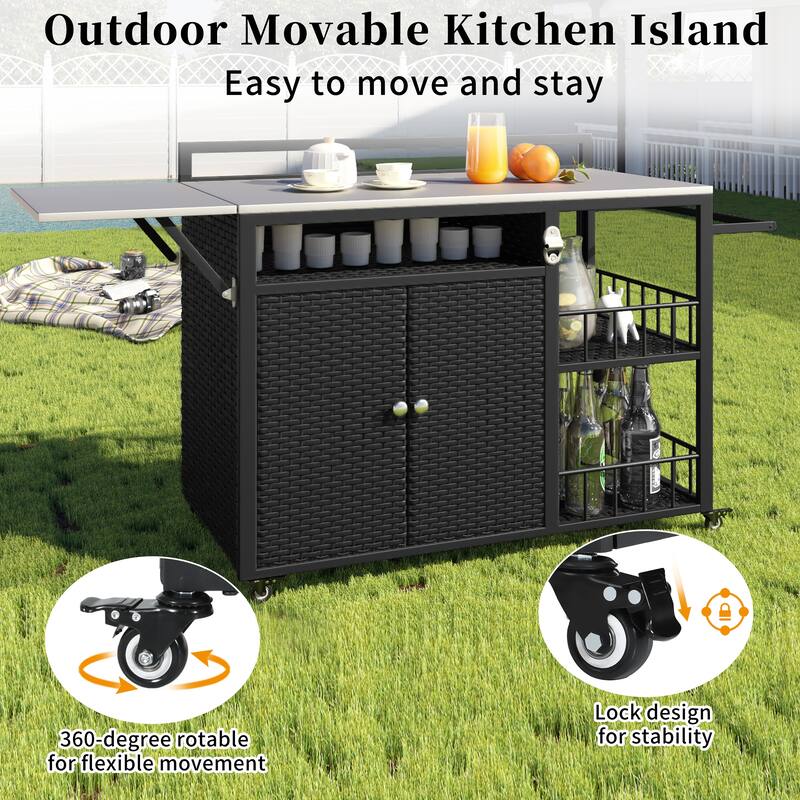 Roomfitters 63.5" Outdoor Kitchen Island Grill Cart with Foldable Side Tabletop and Ample Storage, Dark Brown