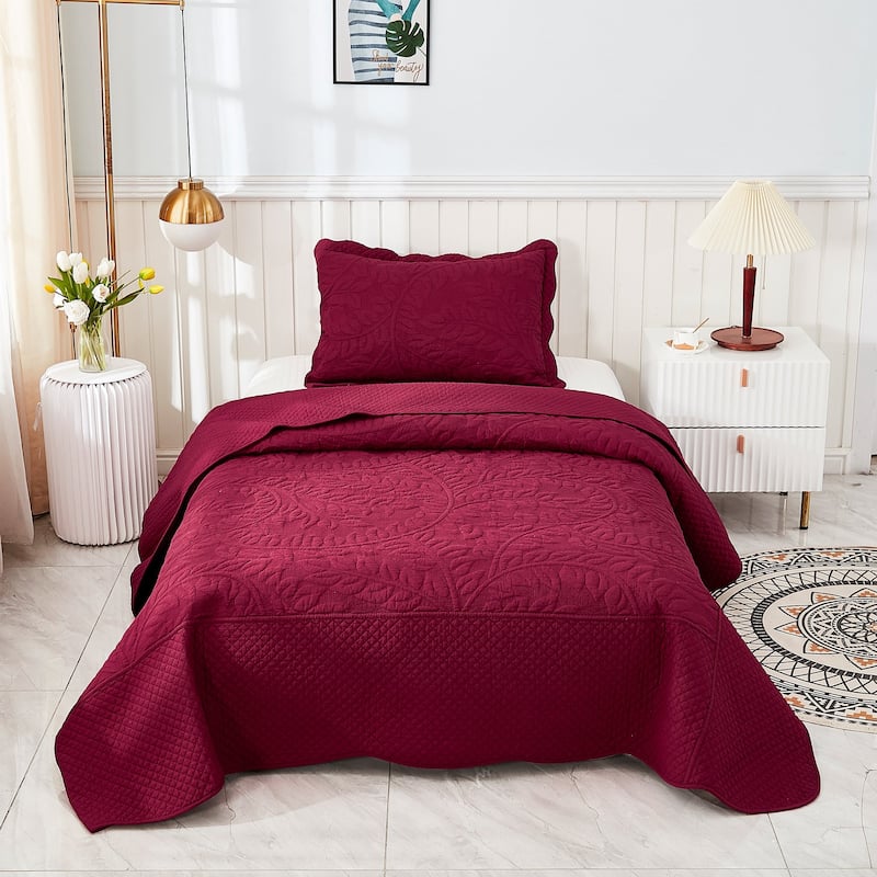 MarCielo 3 Piece Cotton Oversized Bedspread Quilt Set Tmonica - Wine Burgundy - Twin