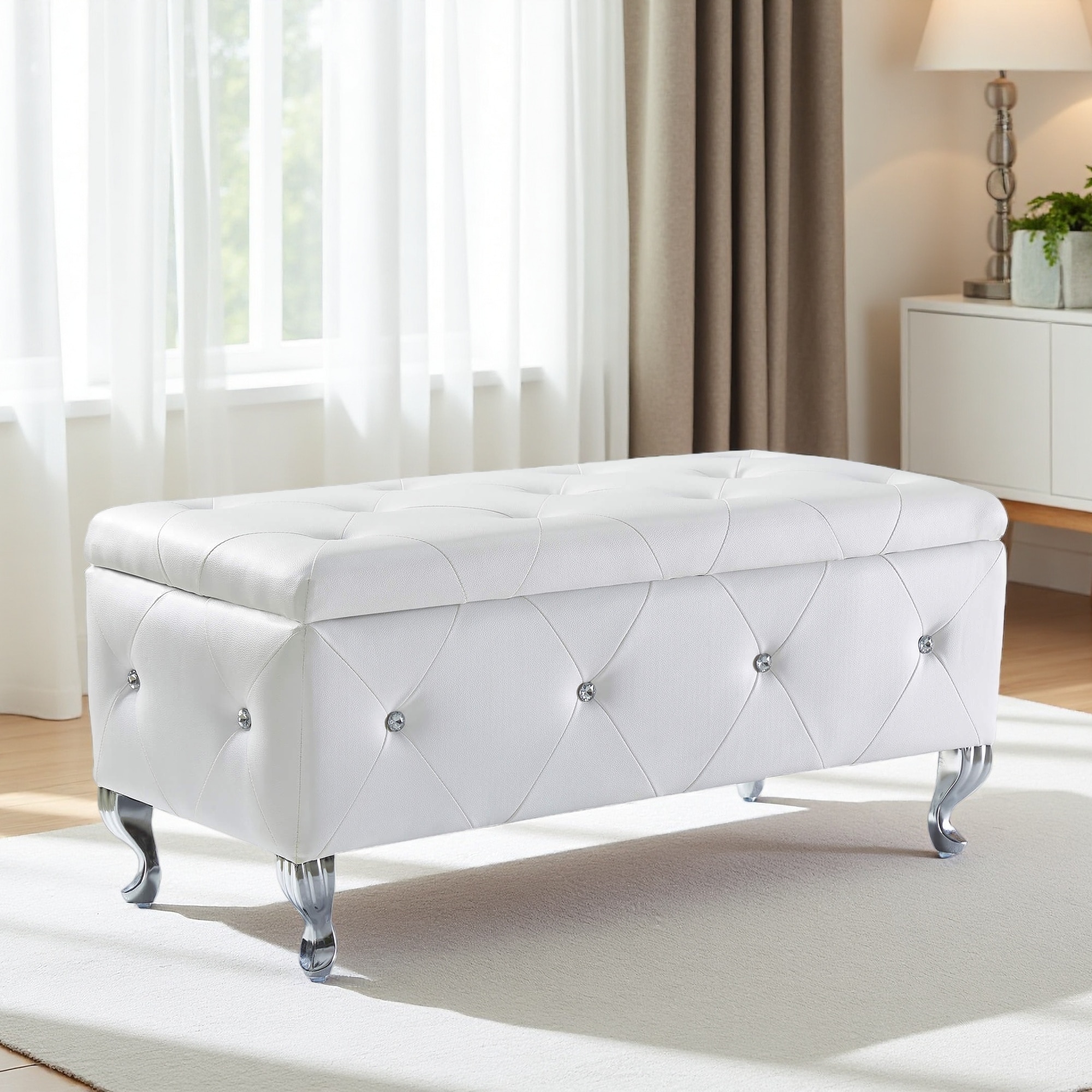 38.5"L Upholstered Storage Ottoman Bench, Faux Leather with Crystal Buttons, Rectangular Footrest for Bedroom, Metal Legs