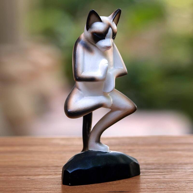 Handmade Wood Sculpture, 'Vrkasana Yoga Cat' (Indonesia) - 11.5" H x 6" W x 3.2" D