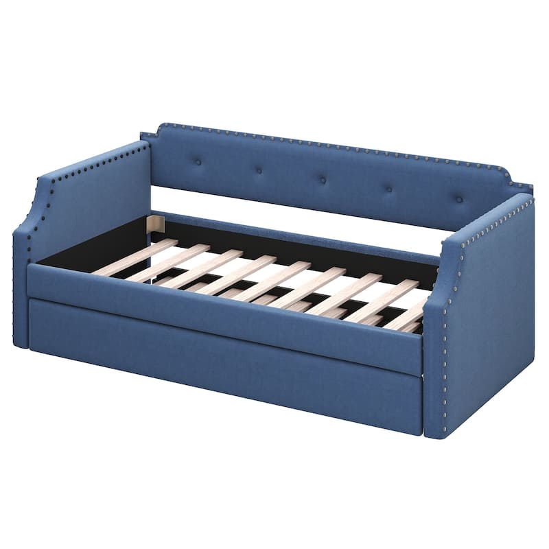 Upholstered Daybed With Trundle, Wood Slat Support,Upholstered Frame Sofa Bed