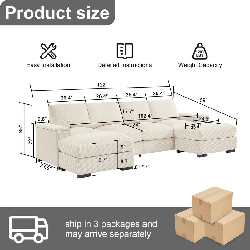 U-shaped corduroy sofa with removable footstool and storage armrests