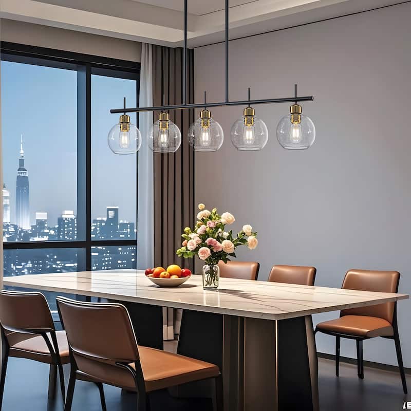 Starsky 5-Light Modern Linear Kitchen Island Pendant with Seeded Glass Globes, Adjustable Height, Black or Gold
