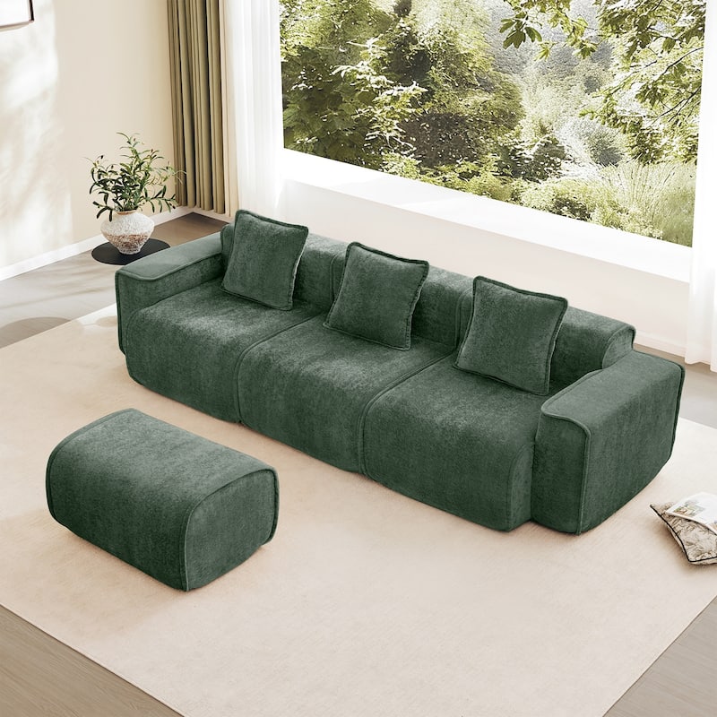 Streamlined Design Modular 3 Seat L Shape Boneless Velvet Fabric Sofa with 1 Movable Ottoman - 8' x 10' - Green - Left Facing