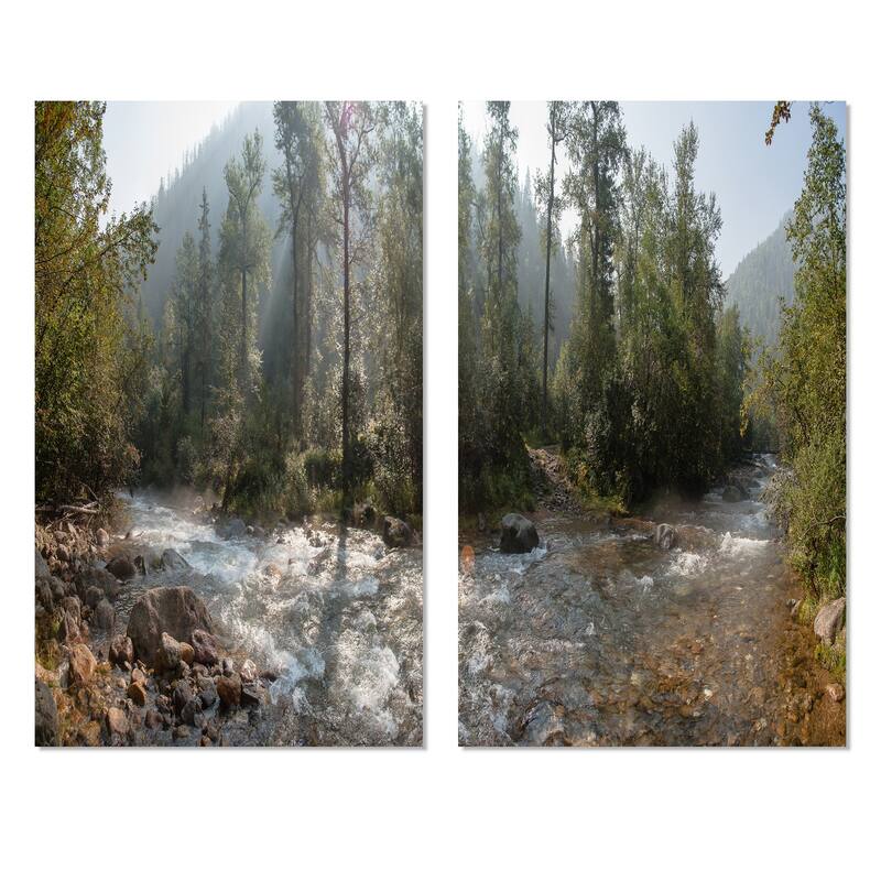 Designart "Mountain River Panorama" Landscape Canvas Wall Art Print 2 Piece Set