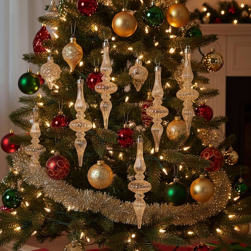 8ct Transparent Shatterproof Christmas Finial Ornaments 5"