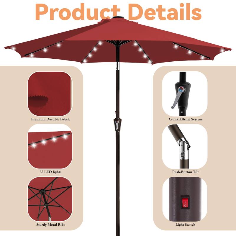 10ft Patio Market Umbrella with LED Lights,Crank & Tilt