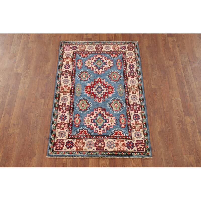 Blue Kazak Foyer Rug Handmade Geometric Wool Handmade Wool Carpet - 2'9" x 4'2"