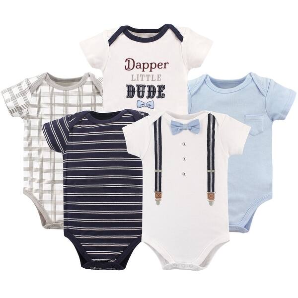 slide 1 of 1, Little Treasure Baby Boy Cotton Bodysuits 5pk, Dapper Bow Tie 0-3 Months - Dapper Bow Tie