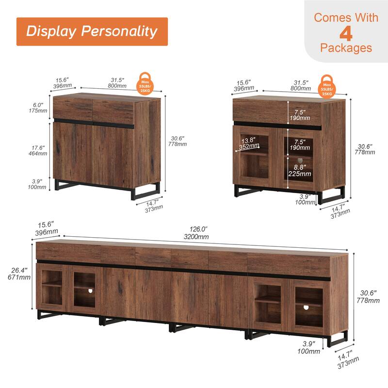 Modern 4 in 1 Dresser with Glass Doors & 2 Drawers, Adjustable Shelf & Metal Base for Bedroom