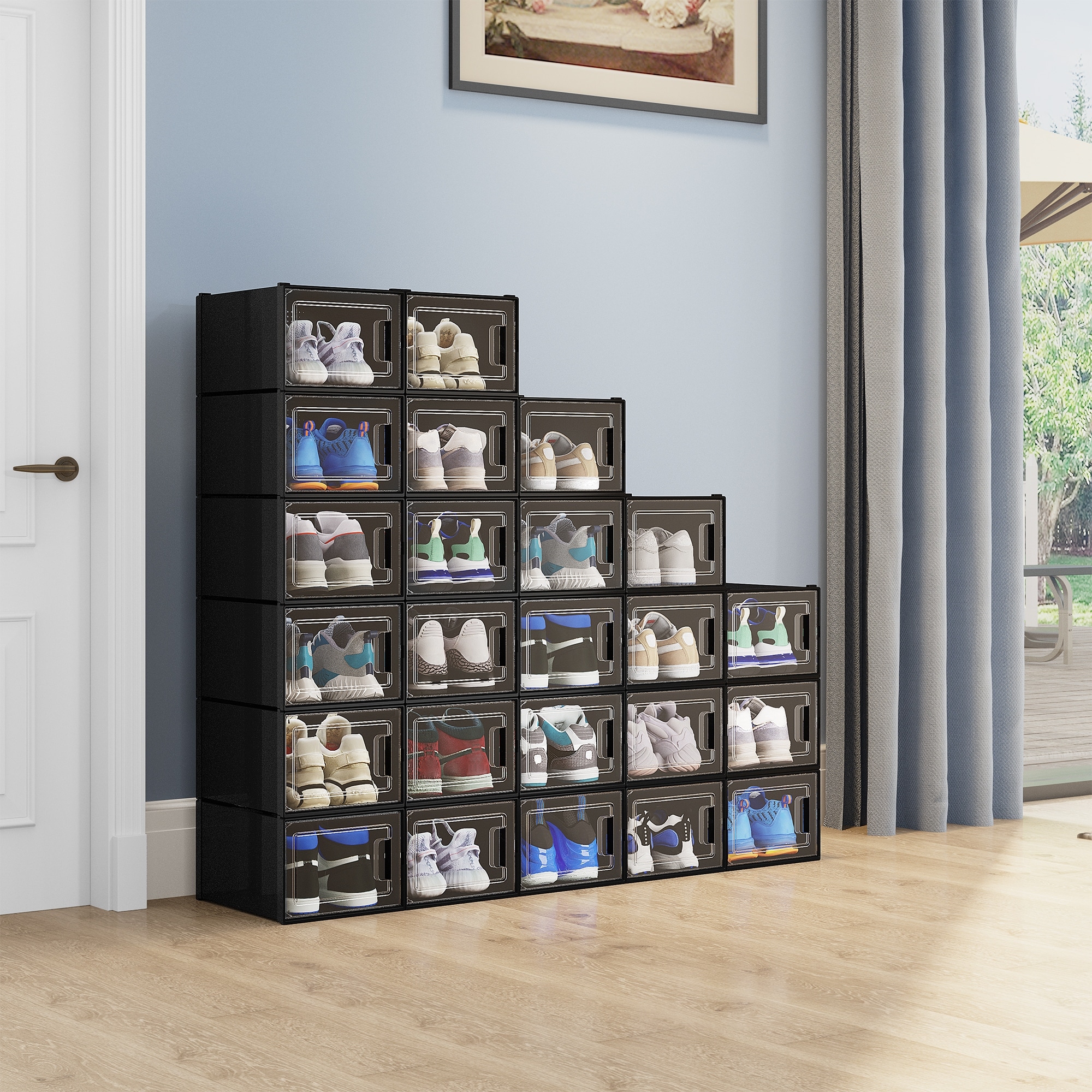 Moasis XL 24 Pack Shoe Storage Boxes Clear Plastic Stackable Shoe Organizer 24Pcs Black