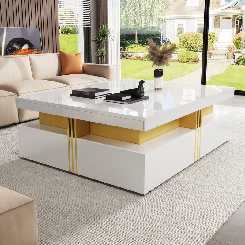 Modern Glossy Square Storage Coffee Table with Drawers - Glossy White