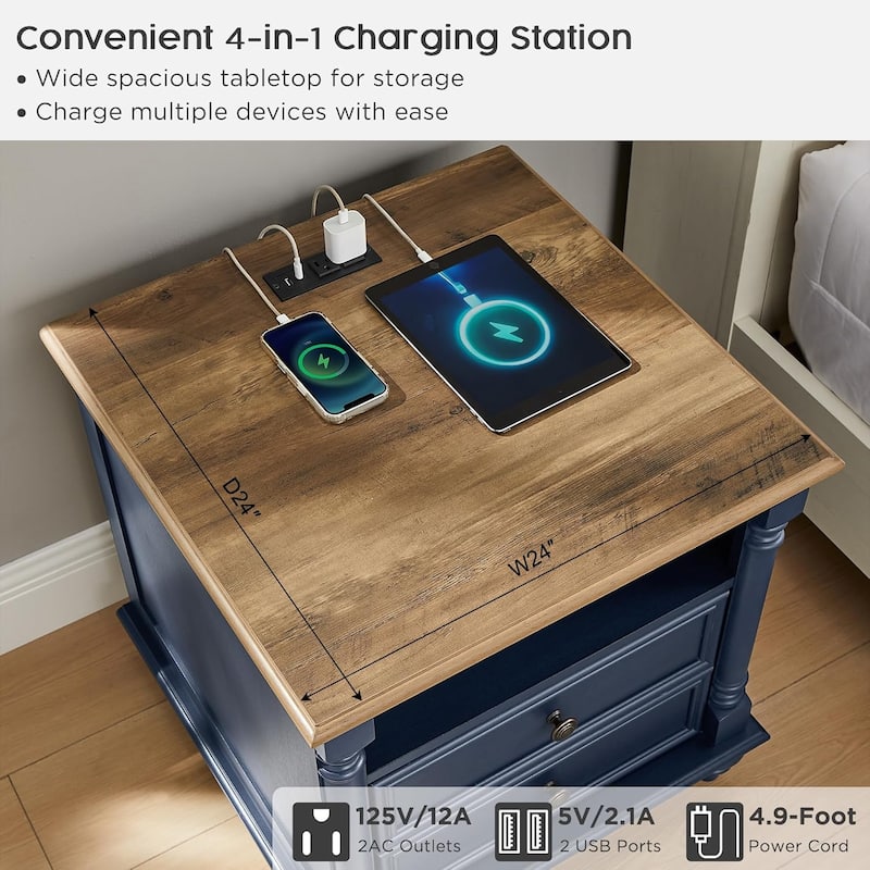 Farmhouse End Table, Sofa Side Table with Charging Station, Nightstand