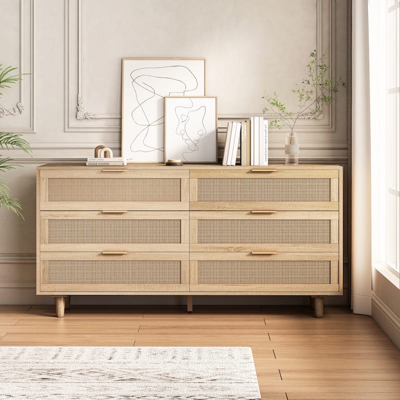 6-Drawers Rattan Storage Dresser - Wood - 6-drawer