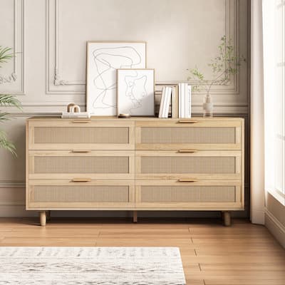 Wood Rattan Dresser with 6 Drawers, Modern Large Storage Cabinet