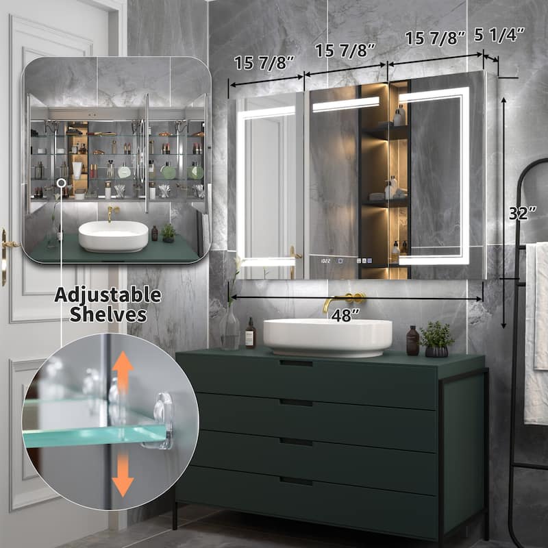 Modland Recessed Smart Mirror Cabinet 24-48x32" with Lights, Anti-Fog, Outlet & Magnifier - Adjustable Shelves - 48x32