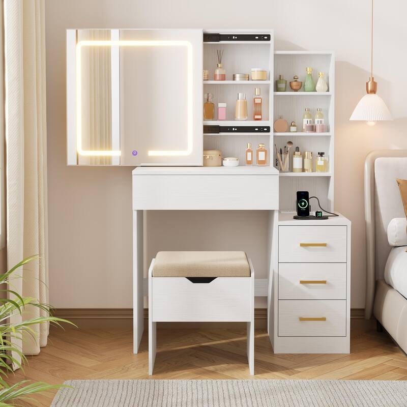 Modern Makeup Vanity with Sliding Mirror, 4 Drawers & 7 Shelves, 3 Light Colors, Charging Port & Stool Set - White