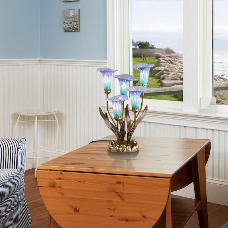 20-inch Antique Brass and Hand Blown Glass 5 Calla Lily Uplight Accent Lamp - 15" x 14" x 20"