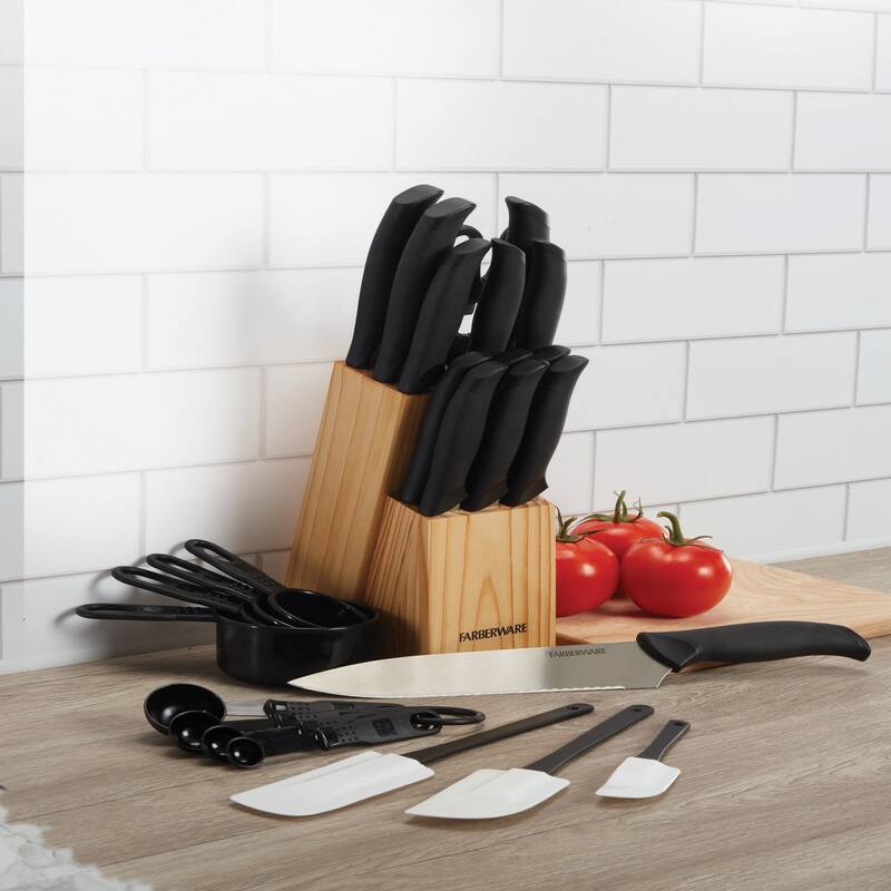 Farberware 25 Piece Knife Set and Kitchen Tools with Block, Black