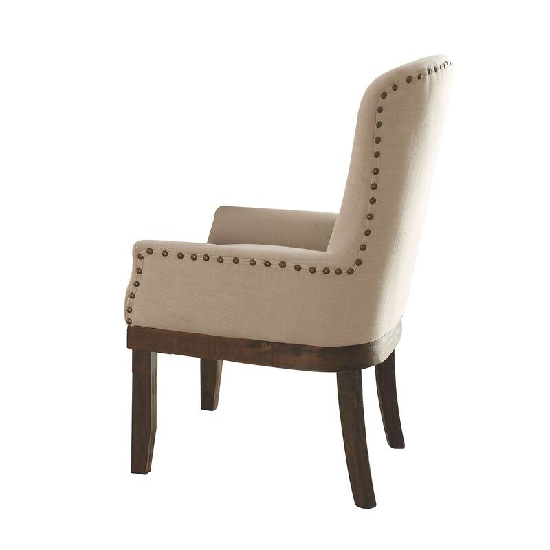 Linen Arm Chair with Nailhead Trim in Beige and Salvage Brown