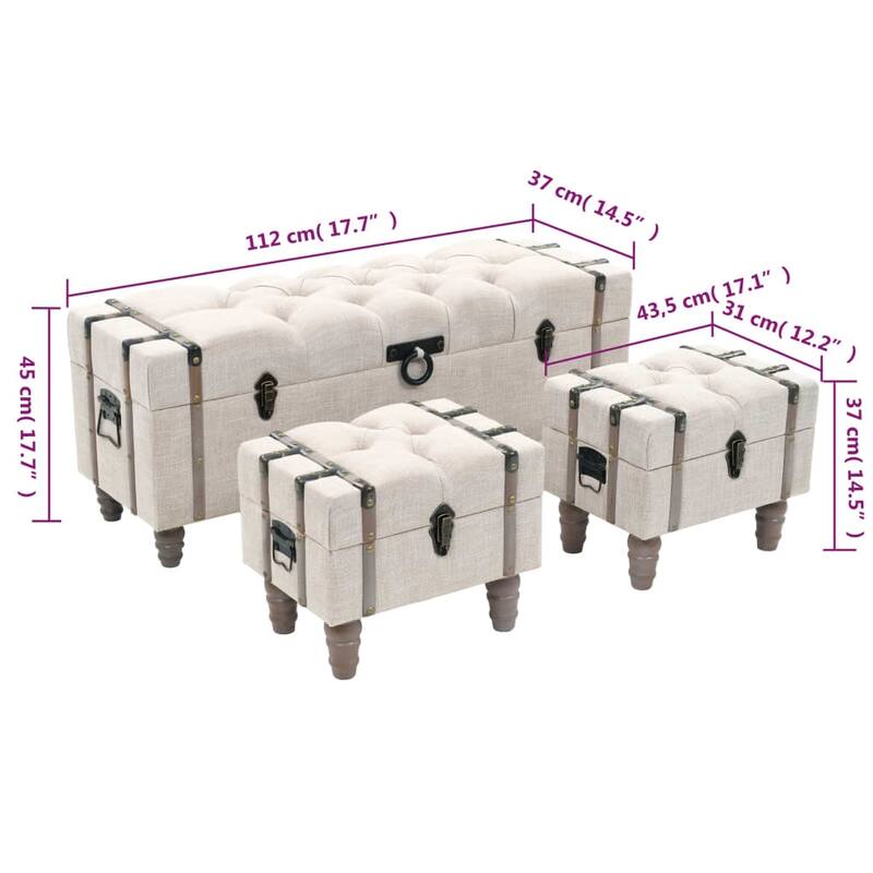 vidaXL Storage Benches 3 pcs Cream Solid Wood Fir&Fabric - 44.1" x 14.6" x 17.7"