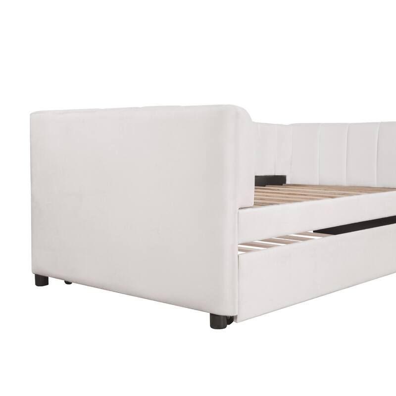 Twin Size Upholstered Daybed with Ergonomic Design Backrest and Trundle