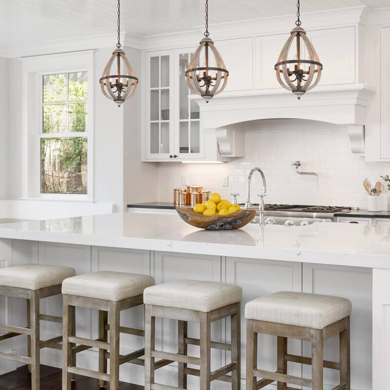Clovy Farmhouse 4-Light Wood Lantern Chandelier for Kitchen Island Foyer Staircase