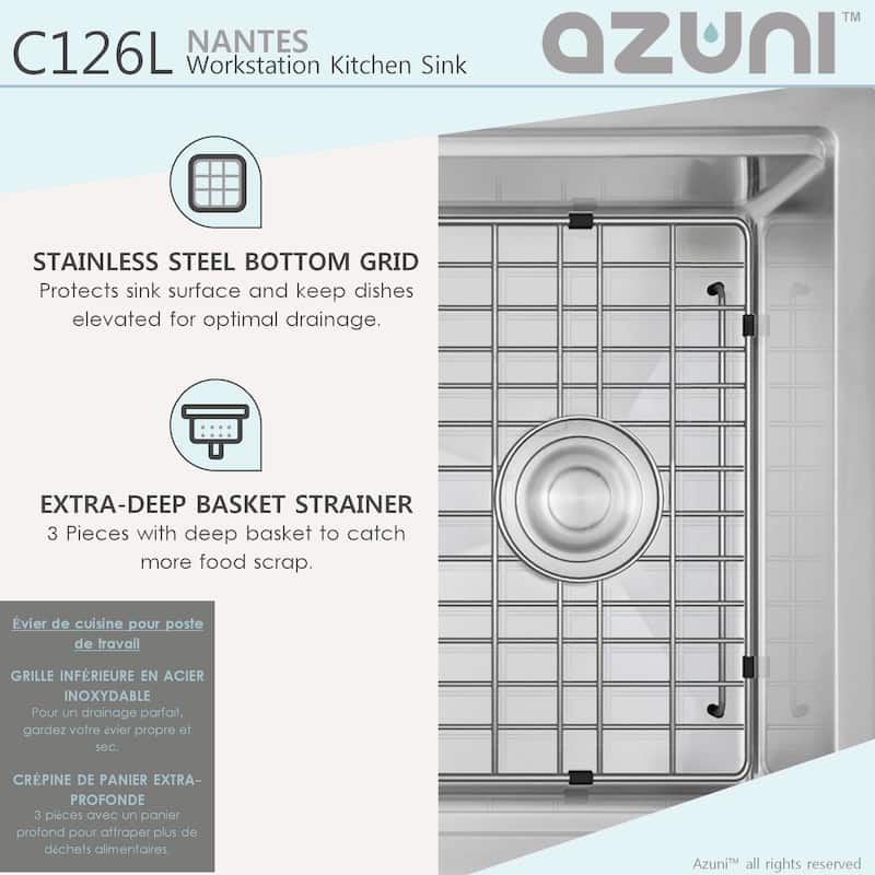 AZUNI 25"L x 19"L Single Bowl Undermount 16G Reversible Workstation Kitchen Sink with accessories C126L - 25" x 19" x 10"