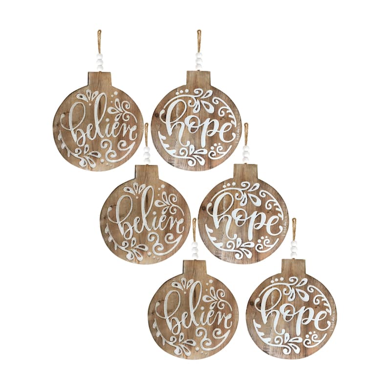 Wooden Believe and Hope Ornament (Set of 6) - White