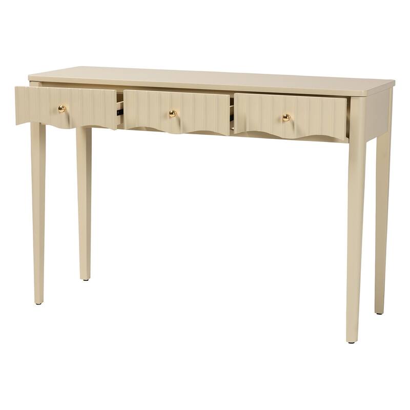 Leeba Console Table - 3-Drawer Accent Table with Fluted Wood and Scalloped Framing for Living Room, Hallway, or Entryway