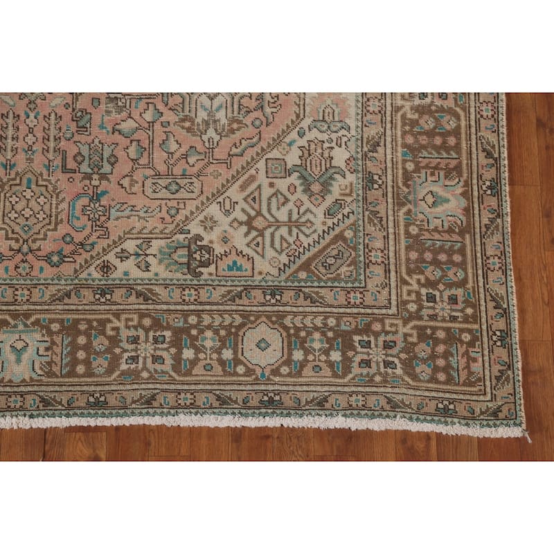 Pink Geometric Tabriz Persian Vintage Area Rug Handmade Wool Carpet - 6'8"x 9'6"