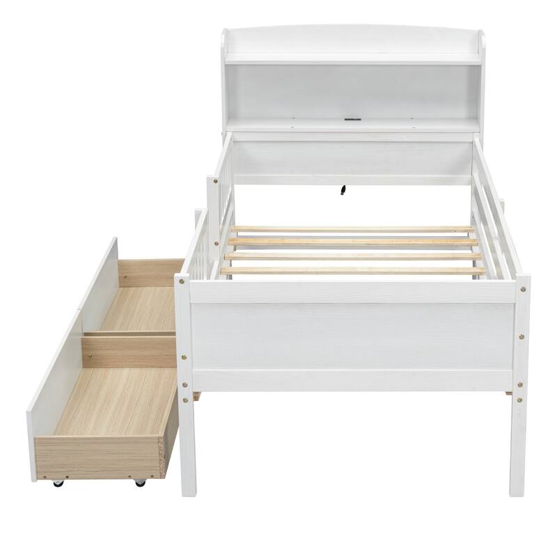 Wood Twin Size Platform Bed With Built-In Led Light,Multi-Functional Headboard,Guardrail And 2 Drawers