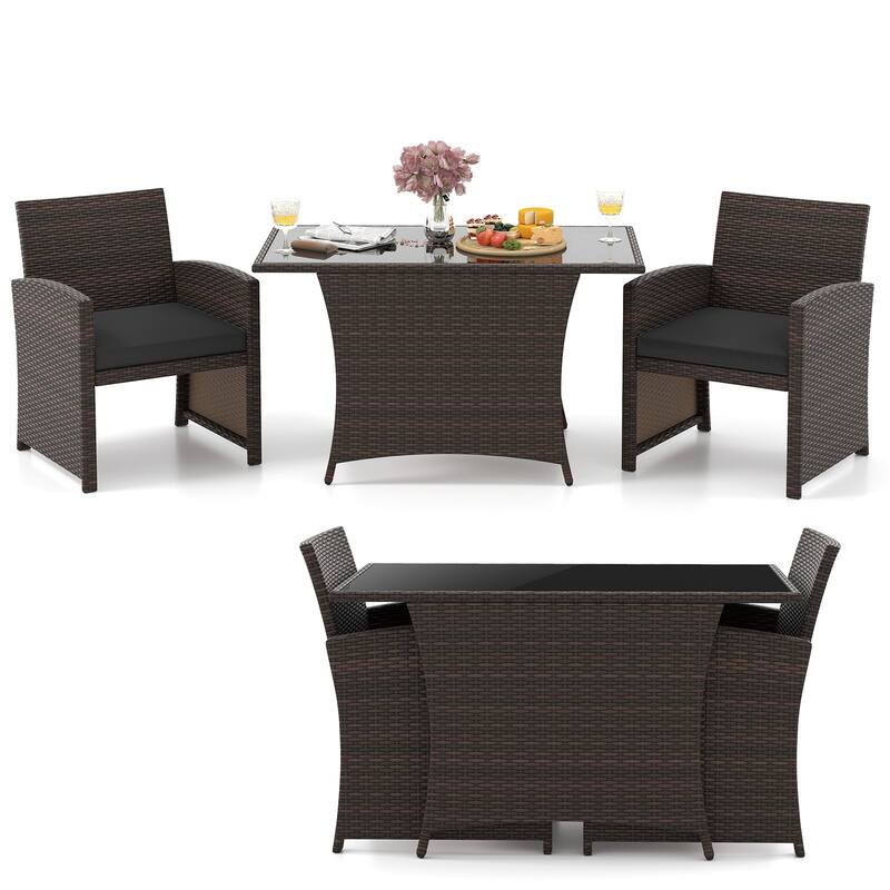 Gymax 3 Piece Patio Wicker Dining Set 2 Rattan Chairs w/ Rectangle - Black
