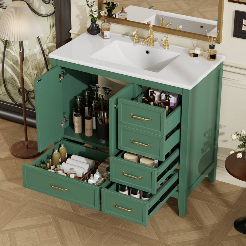 36" Bathroom Vanity with Sink, Bathroom Cabinet with Soft-Closing Door, 4 Drawers of Different Sizes, Solid Wood Frame and Leg - Green