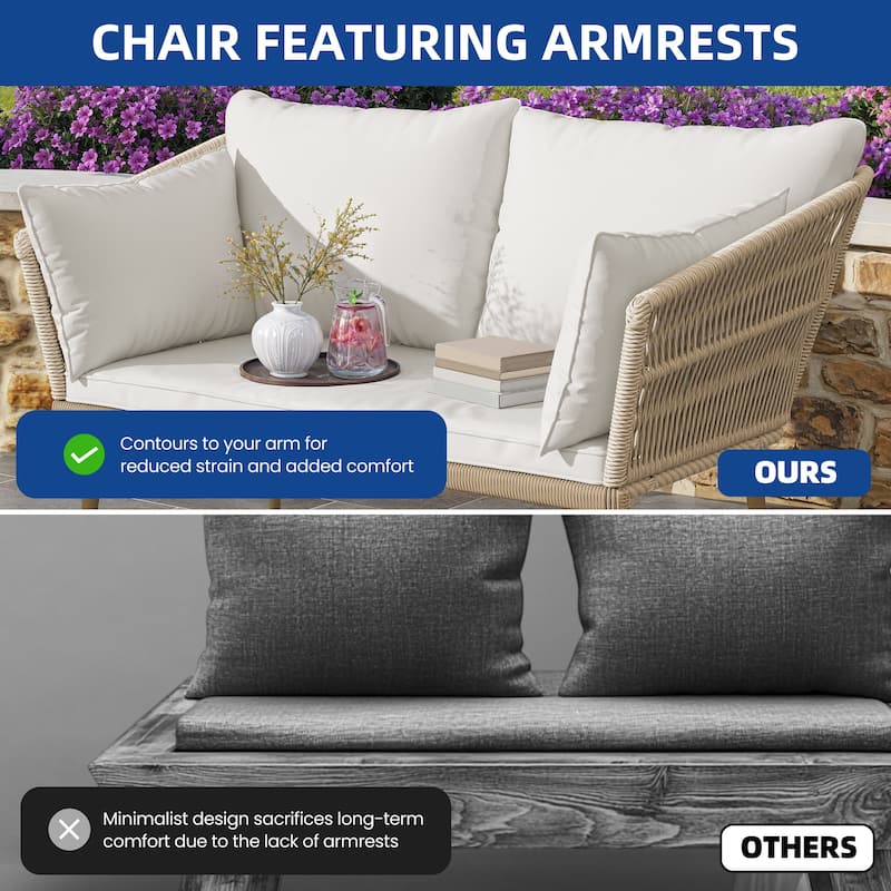 Moasis Outdoor Patio Loveseat, All-Weather Rattan 2 Seater Sofa with Cushions & Lumbar Pillows