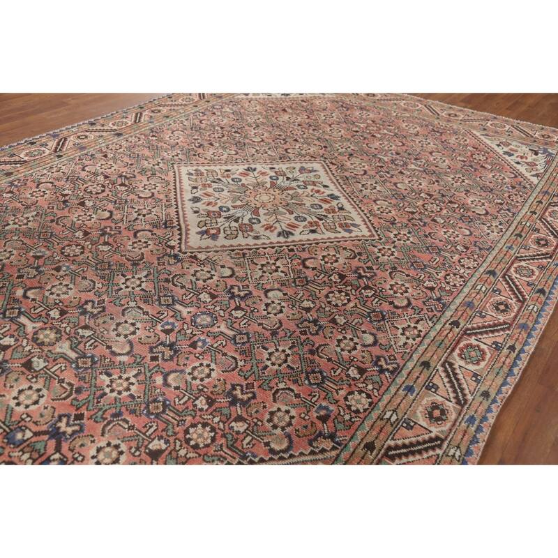 Geometric Pink Hamedan Vintage Persian Area Rug Handmade Wool Carpet - 7'5" x 10'4"
