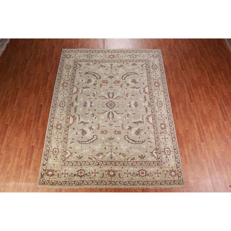 All-Over Light Green Oushak Indian Area Rug Handmade Wool Carpet - 9'1" x 11'10"