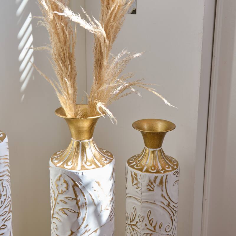 Set of 3 Metal Decorative White Glazed Vase with 3D for Home Office - 32.48in+28.54in+24.61in