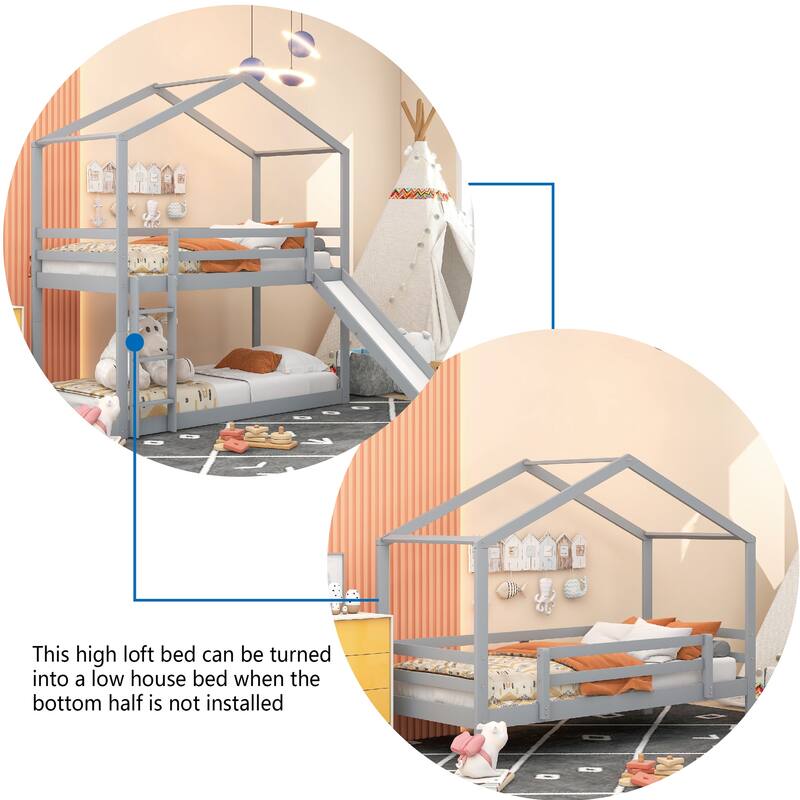 Twin over Twin Wood Bunk Bed with Roof, Slide and Ladder, Safety