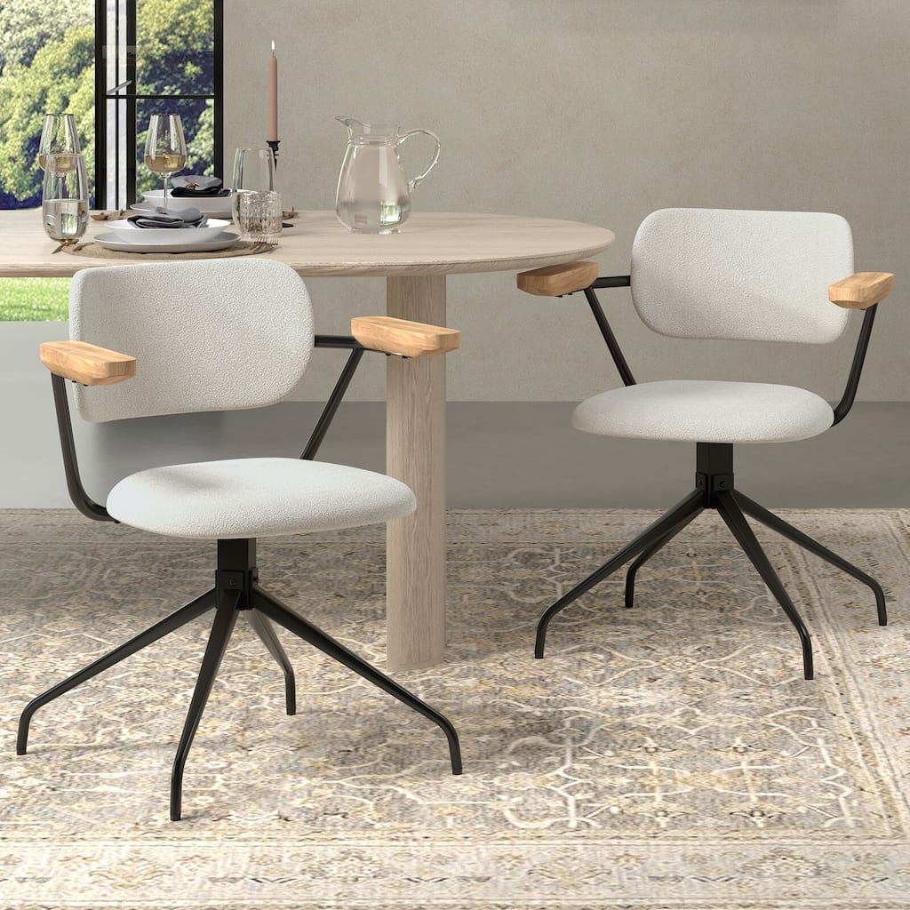 Modern Upholstered Swivel Chair With Solid Wood Arms And Metal Frame