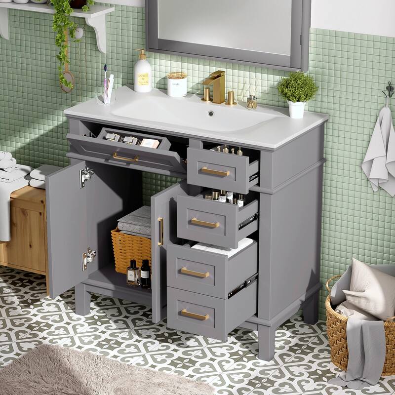 36" Modern Bathroom Vanity with Ceramic Sink, Soft Close Doors, 4 Drawers for Storage - Gray