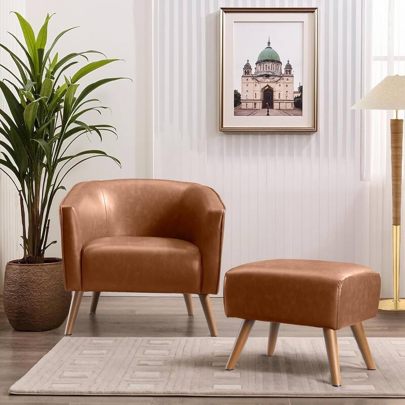 Accent Chair with Ottoman,Modern Barrel Chair and Footrest,Mid Century Living Room Chairs,Upholstered Armchair