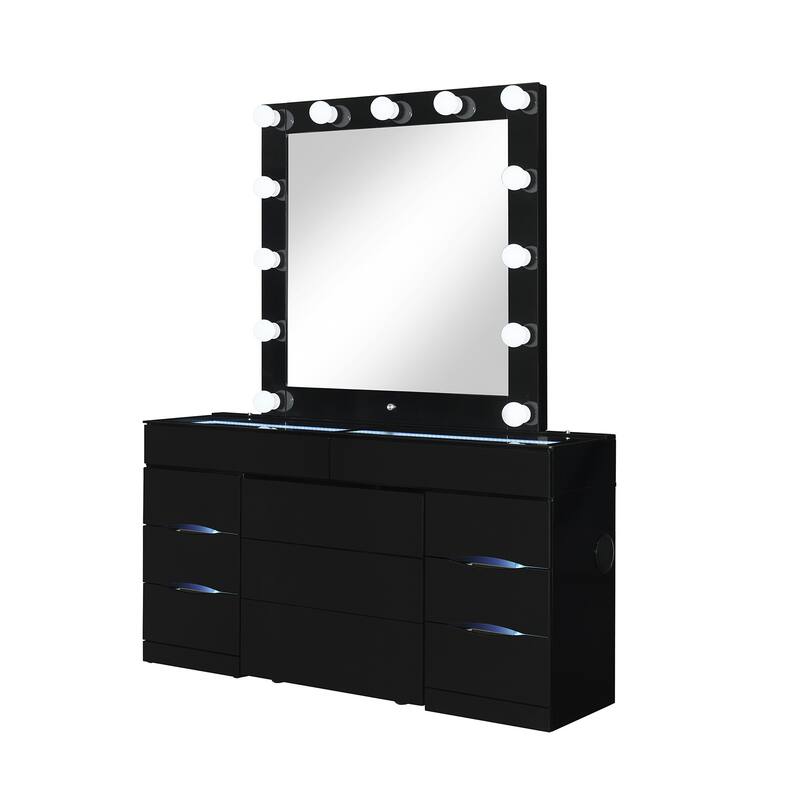 HomeRoots 62" Black Wood And Glass Six Drawer Vanity Table With Mirror Seating And Lights