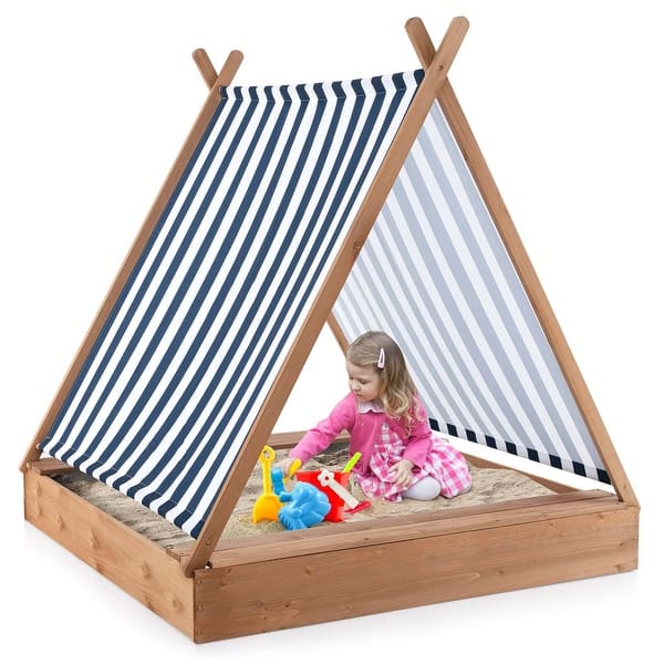 slide 2 of 11, Costway Wooden Sandbox with Canopy Tent Design Fir Wood Frame 2 Bench - See Details Natural - See Details