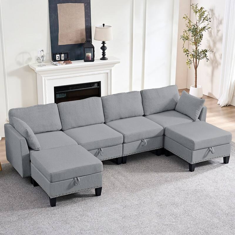 Mixoy Rivet Design Flexible Combination Reversible 4-Seater Modular Sofa with Storage Ottomans,Linen Convertible Sleeper Sofa