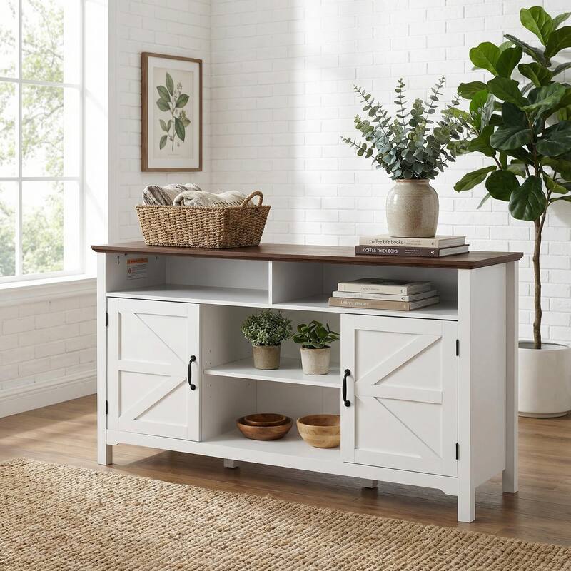 Homy Casa Farmhouse Sideboard Buffet Cabinet, Hinged Barn Doors, White 58'' Black Friday Gift - White