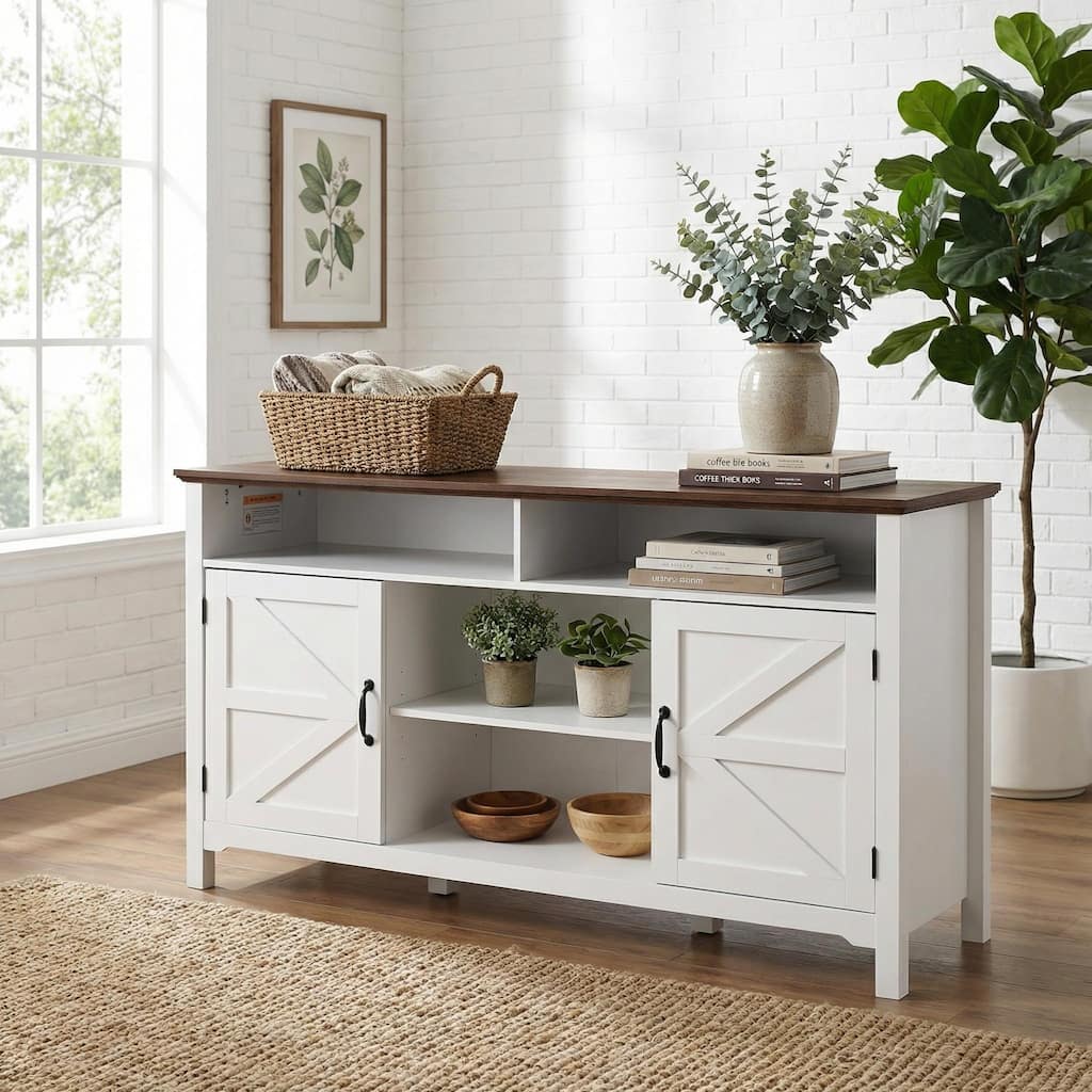 Homy Casa Farmhouse Sideboard Buffet Cabinet, Hinged Barn Doors, White 58'' Black Friday Gift
