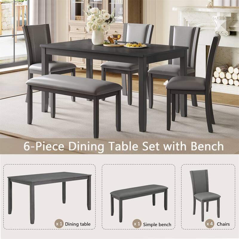 6-Piece Wooden Dining Table Set with Bench and Chairs for Dining Room